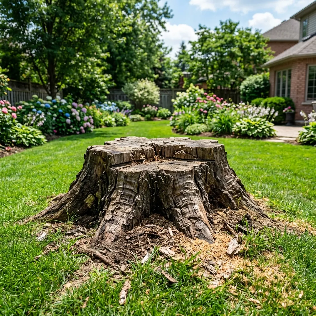 Ugly tree stump sitting in yard before grinding