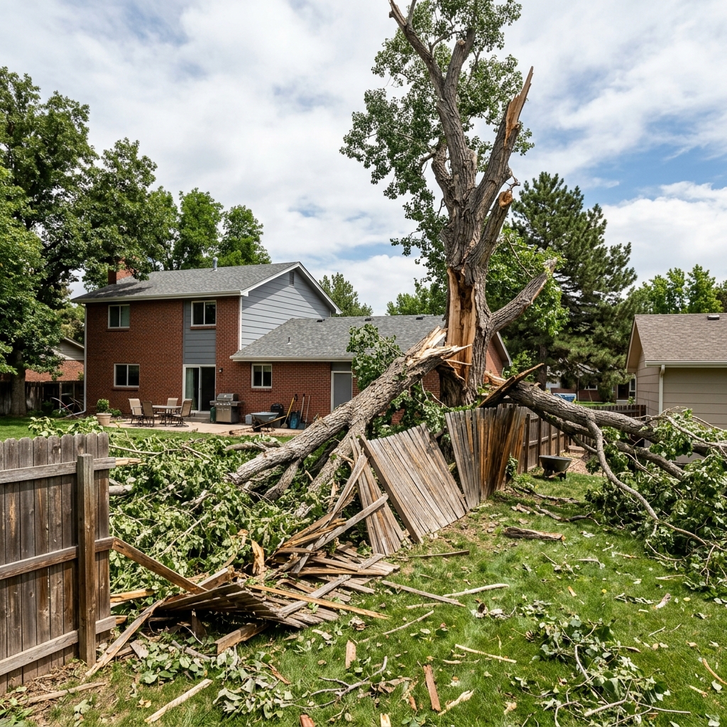 Fallen pine tree blockading fence before cleanup