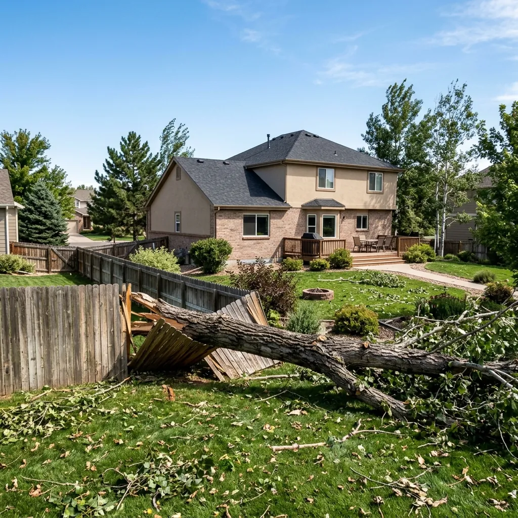Fallen pine tree blockading fence before cleanup