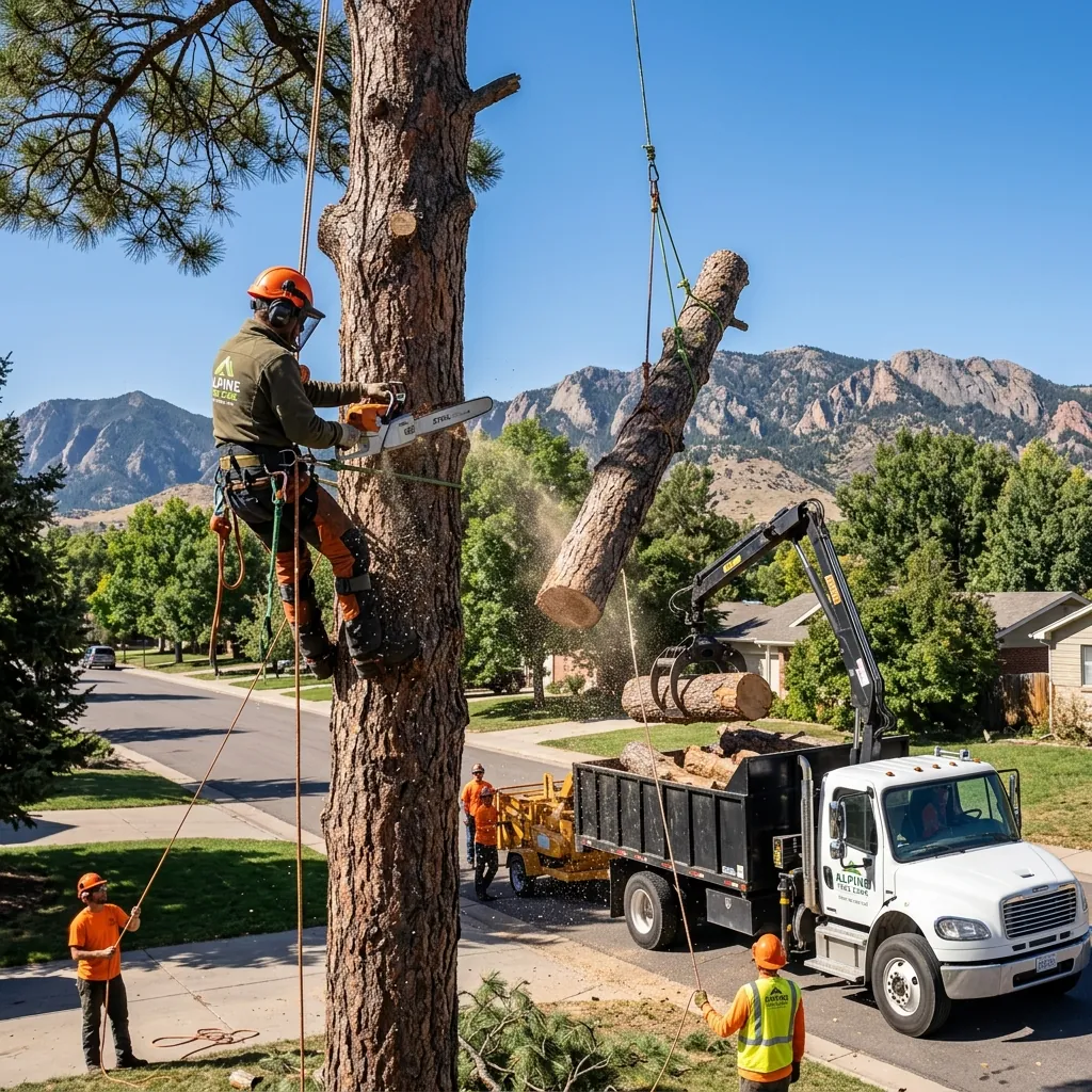 Tree crew climbing a pine tree canopy