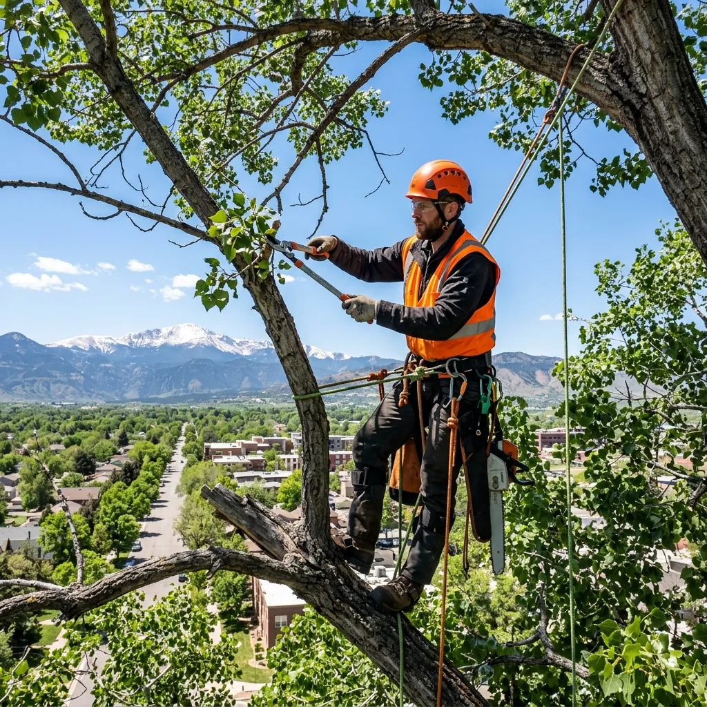 Crane-assisted aerial tree work in a tight space